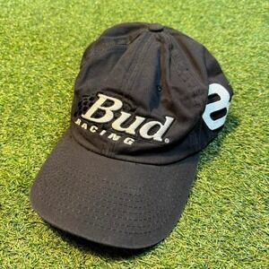 Vintage Bud Racing snapback hat. Black racing cap with oversized Bud Racing